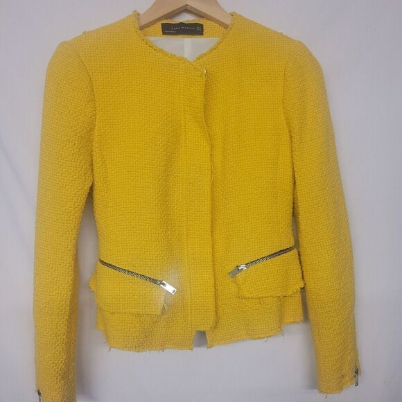 Zara Size 5 Womens  Cotton  Linen Blend Bohemian Jacket Yellow Tweed 20" Length - Picture 3 of 8